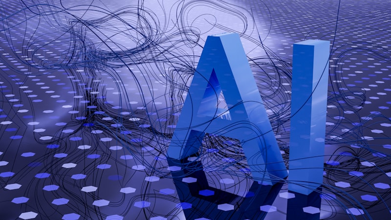 Inteligência artificial e SEO — representação 3D de IA com redes neurais e padrão digital