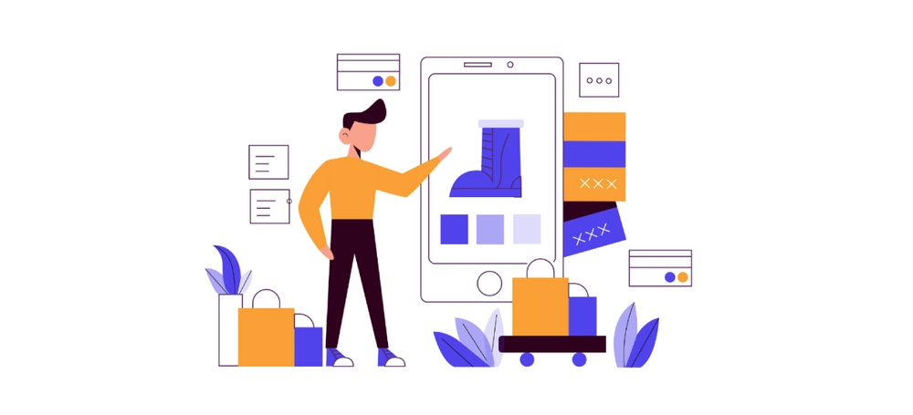 Ilustração de comprador a navegar catálogo de produtos numa loja online no smartphone