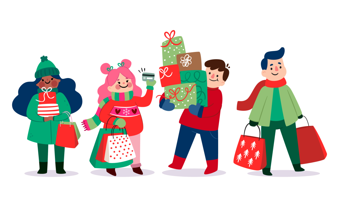 Ilustração de quatro pessoas a carregar sacos e embrulhos de presentes de Natal