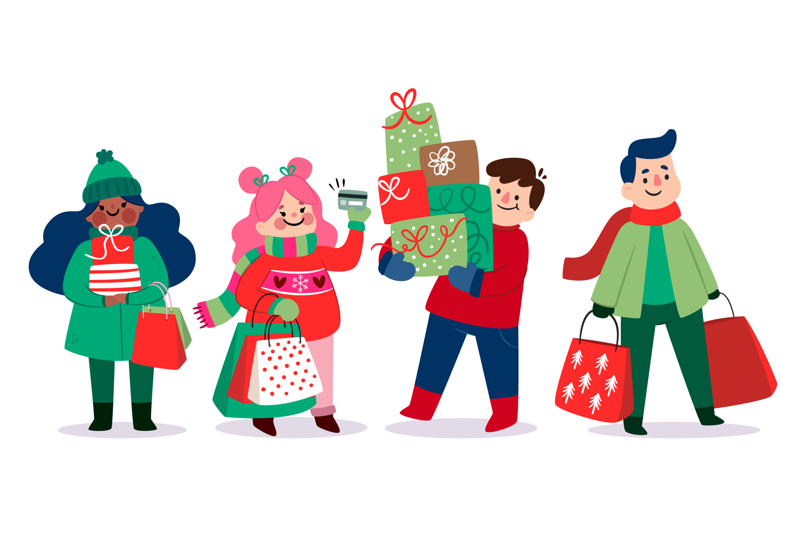 Ilustração de quatro pessoas a carregar sacos e embrulhos de presentes de Natal